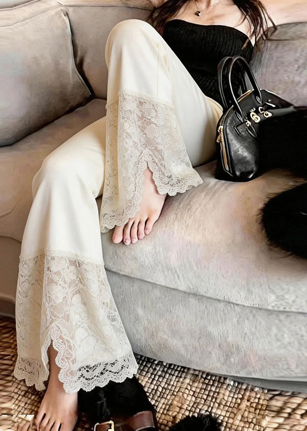 2026 New Beige Lace Patchwork Side Open Straight Pants Summer - Image 3