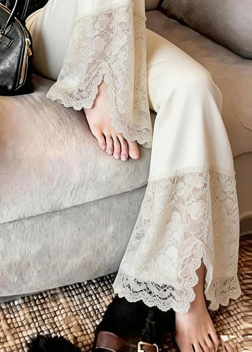 2026 New Beige Lace Patchwork Side Open Straight Pants Summer - Image 4