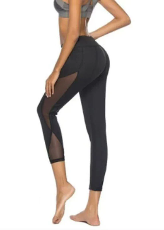 2026 New Black High Waist Mesh Panel Leggings Patchwork Capri - Image 5
