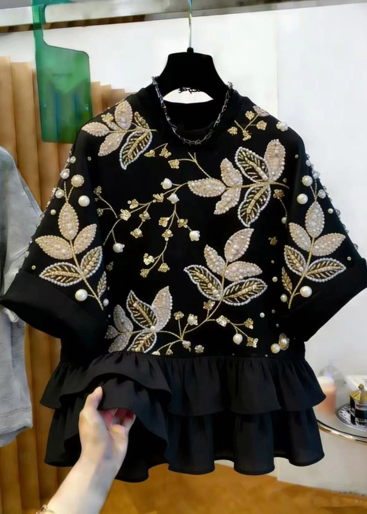 2026 New Black Nail Bead Patchwork T Shirt Short Sleeve - Image 5