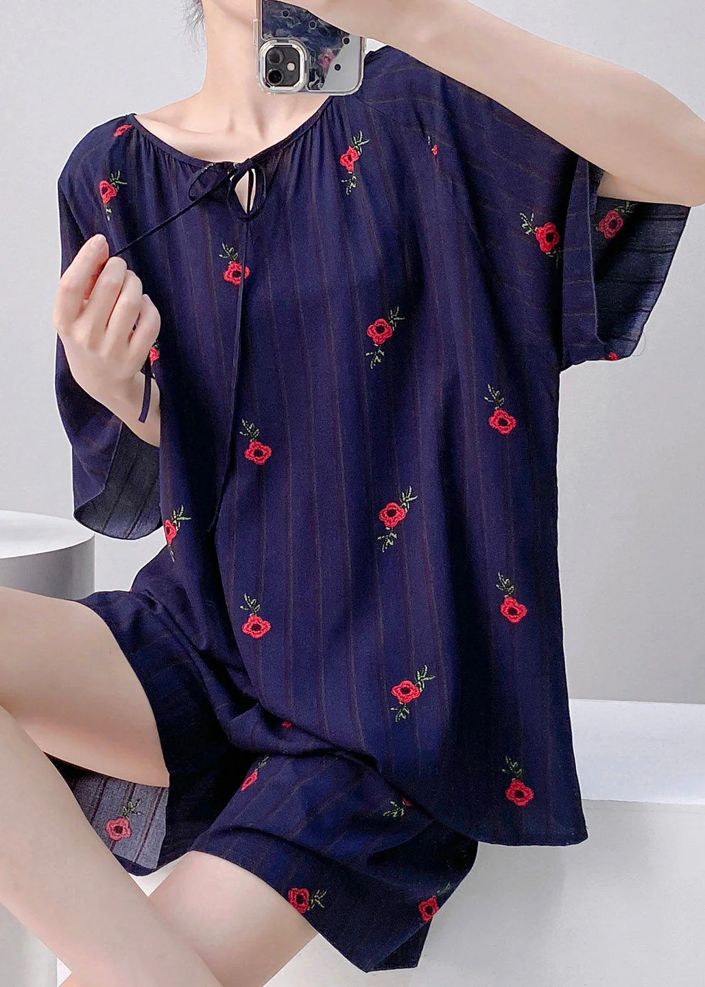 2026 New Black Plaid O-Neck Top And Shorts Lingerie Sets Short Sleeve - Image 3