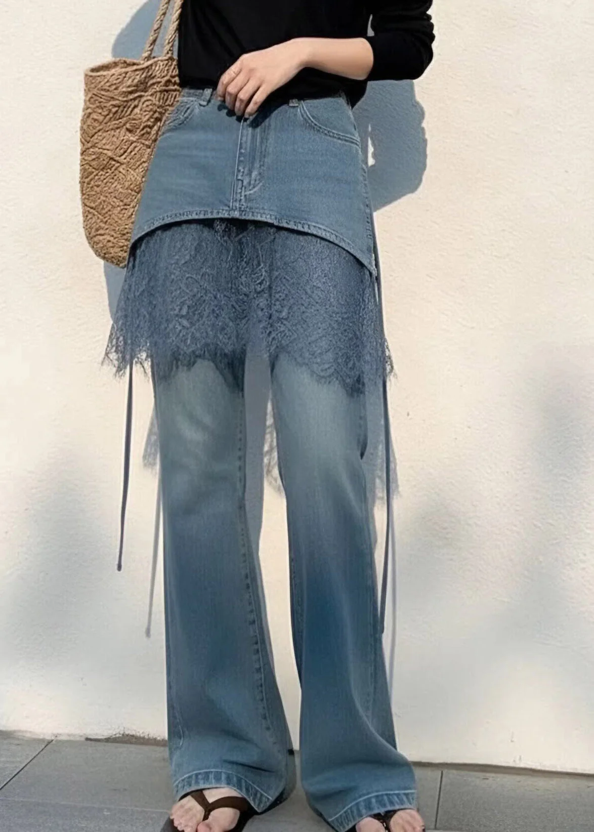 2026 New Blue High Waist Lace Patchwork Straight Jeans Summer - Image 2