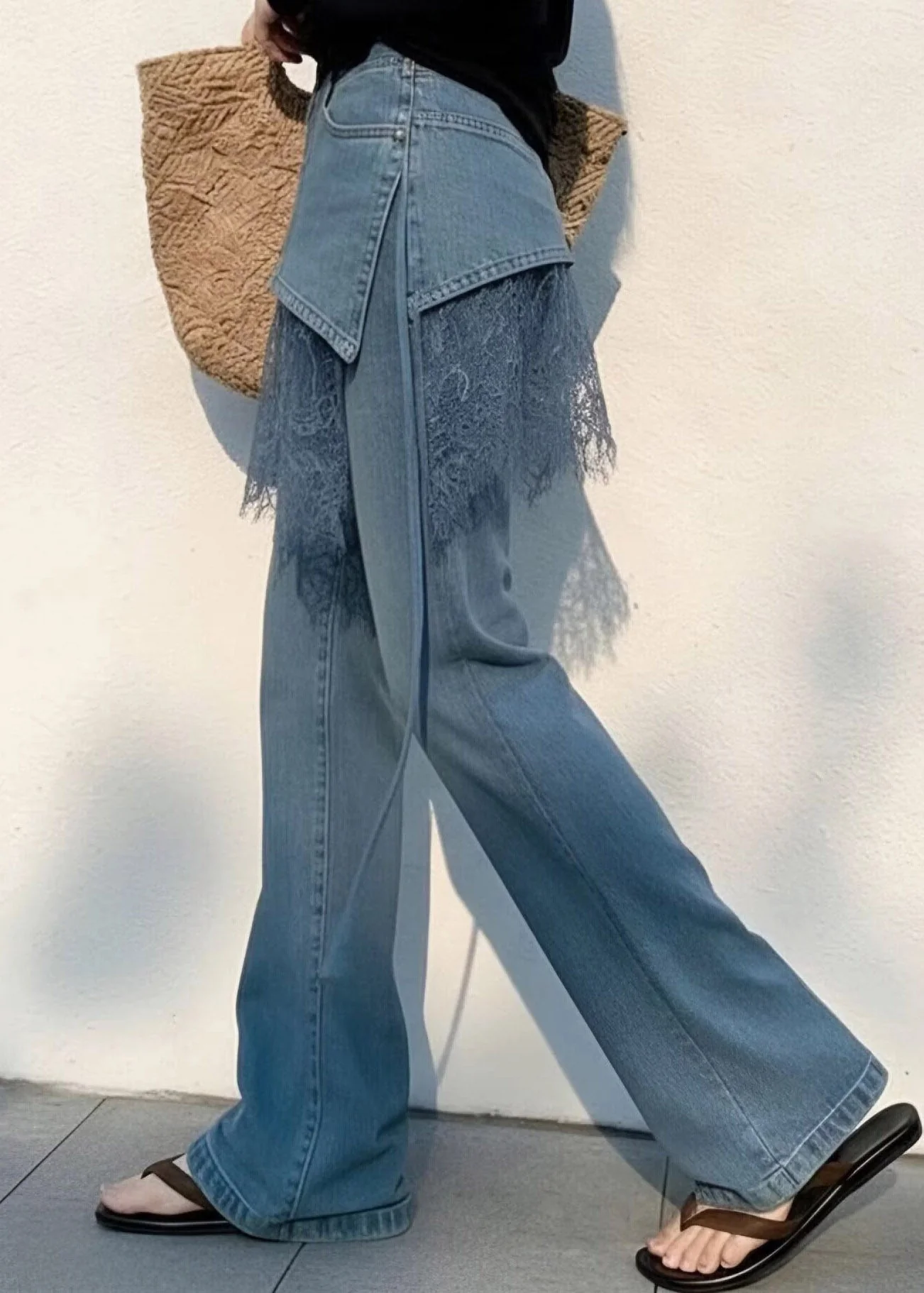 2026 New Blue High Waist Lace Patchwork Straight Jeans Summer - Image 3