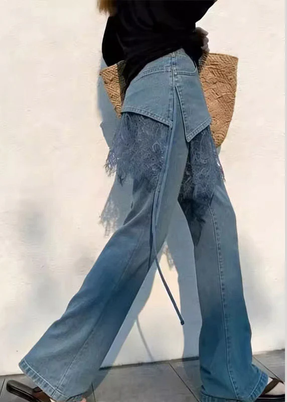 2026 New Blue High Waist Lace Patchwork Straight Jeans Summer - Image 4
