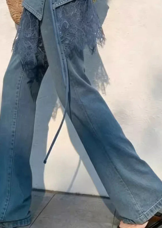 2026 New Blue High Waist Lace Patchwork Straight Jeans Summer - Image 5