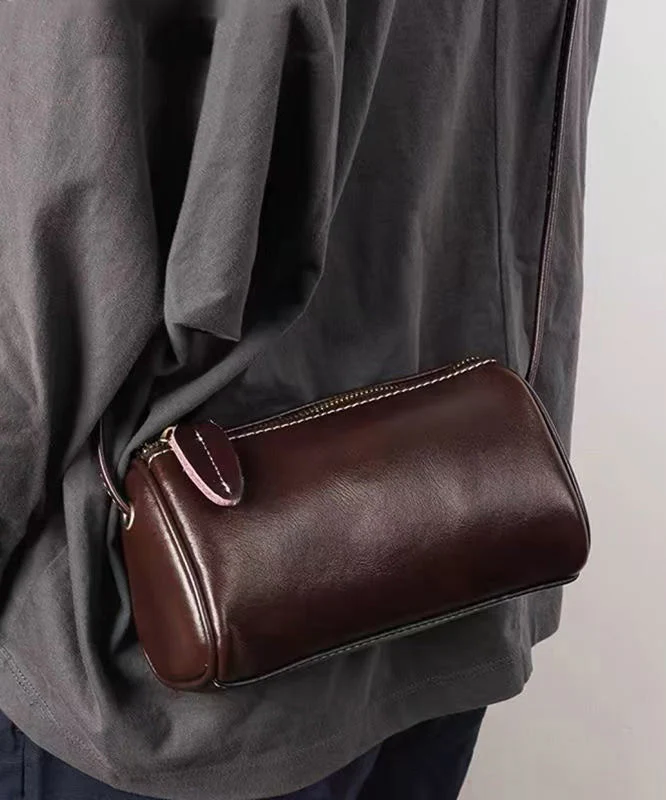 2026 New Coffee Calf Leather Round Crossbody Bag