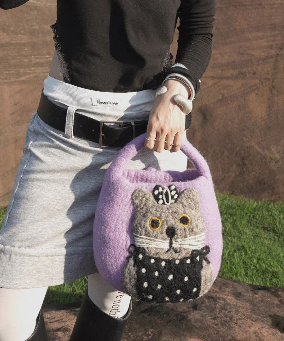 2026 New Green Cartoon Cat Cute Felt Tote Bag - Image 2