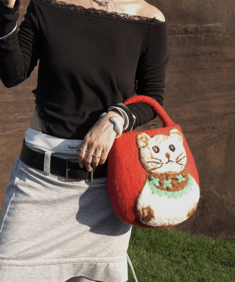 2026 New Green Cartoon Cat Cute Felt Tote Bag - Image 3