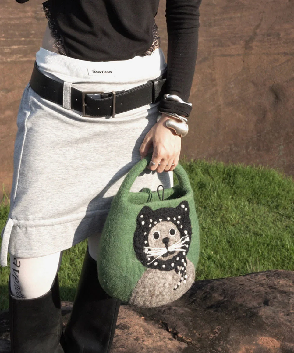2026 New Green Cartoon Cat Cute Felt Tote Bag - Image 4