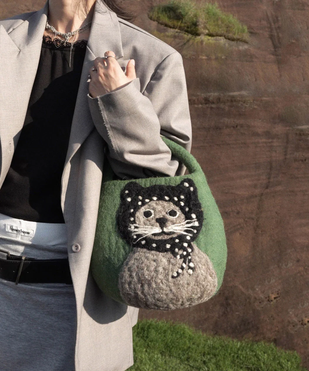 2026 New Green Cartoon Cat Cute Felt Tote Bag - Image 5