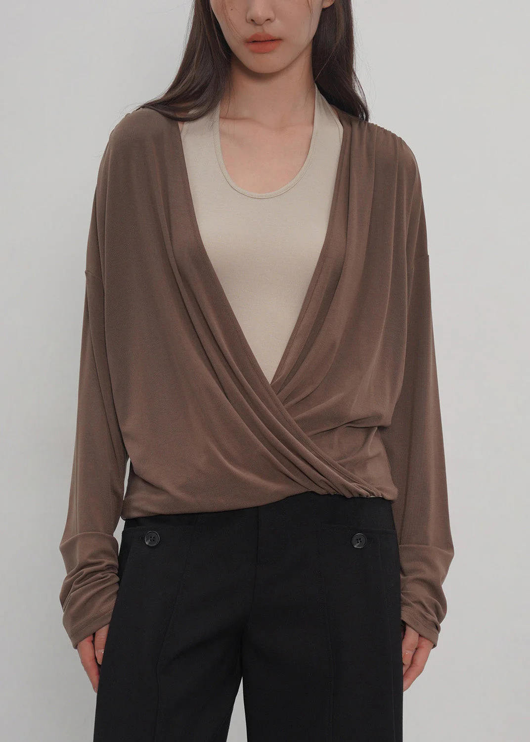 2026 New Grey Fake Two-Piece Spliced Neck Hanging Long Sleeved T-Shirt Top - Image 2
