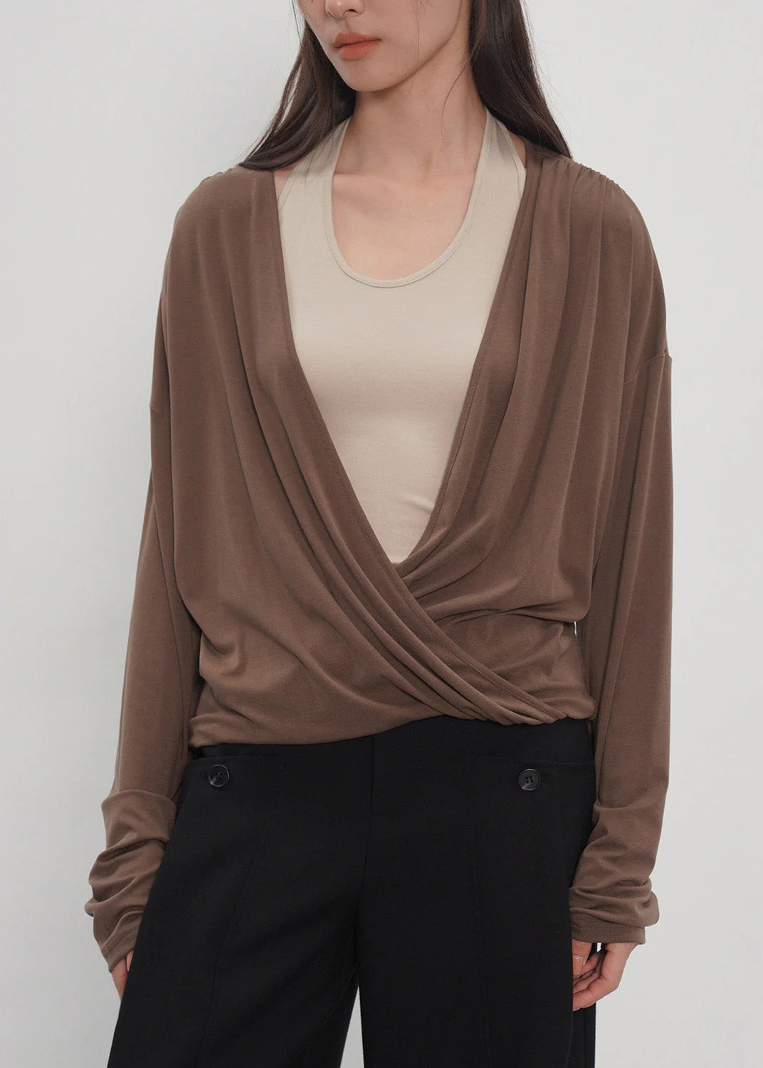 2026 New Grey Fake Two-Piece Spliced Neck Hanging Long Sleeved T-Shirt Top - Image 4