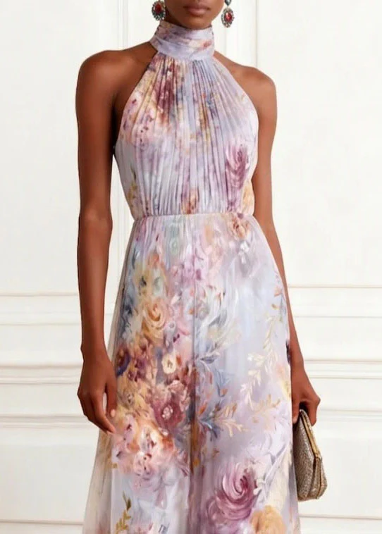 2026 New Hanging Neck Print Chiffon Long Dresses Sleeveless - Image 3