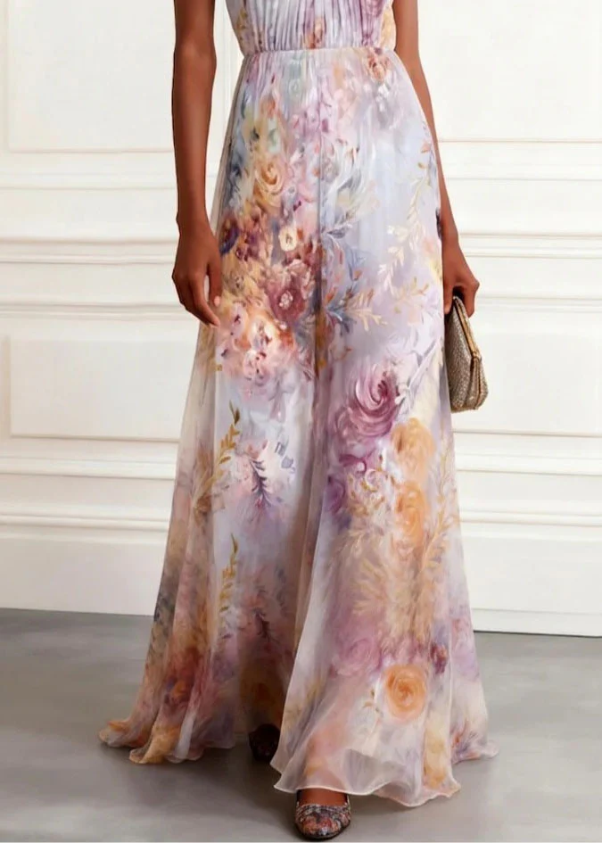 2026 New Hanging Neck Print Chiffon Long Dresses Sleeveless - Image 4
