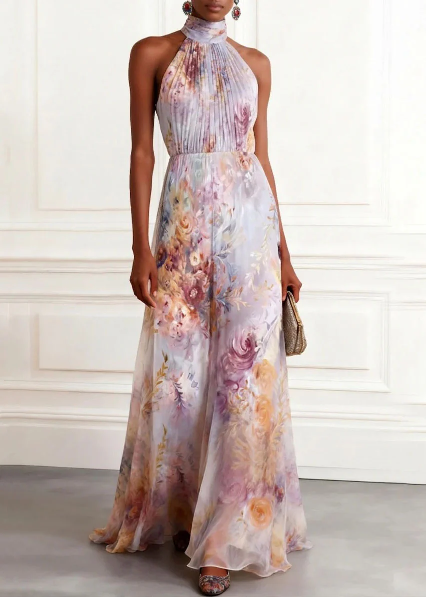 2026 New Hanging Neck Print Chiffon Long Dresses Sleeveless - Image 5