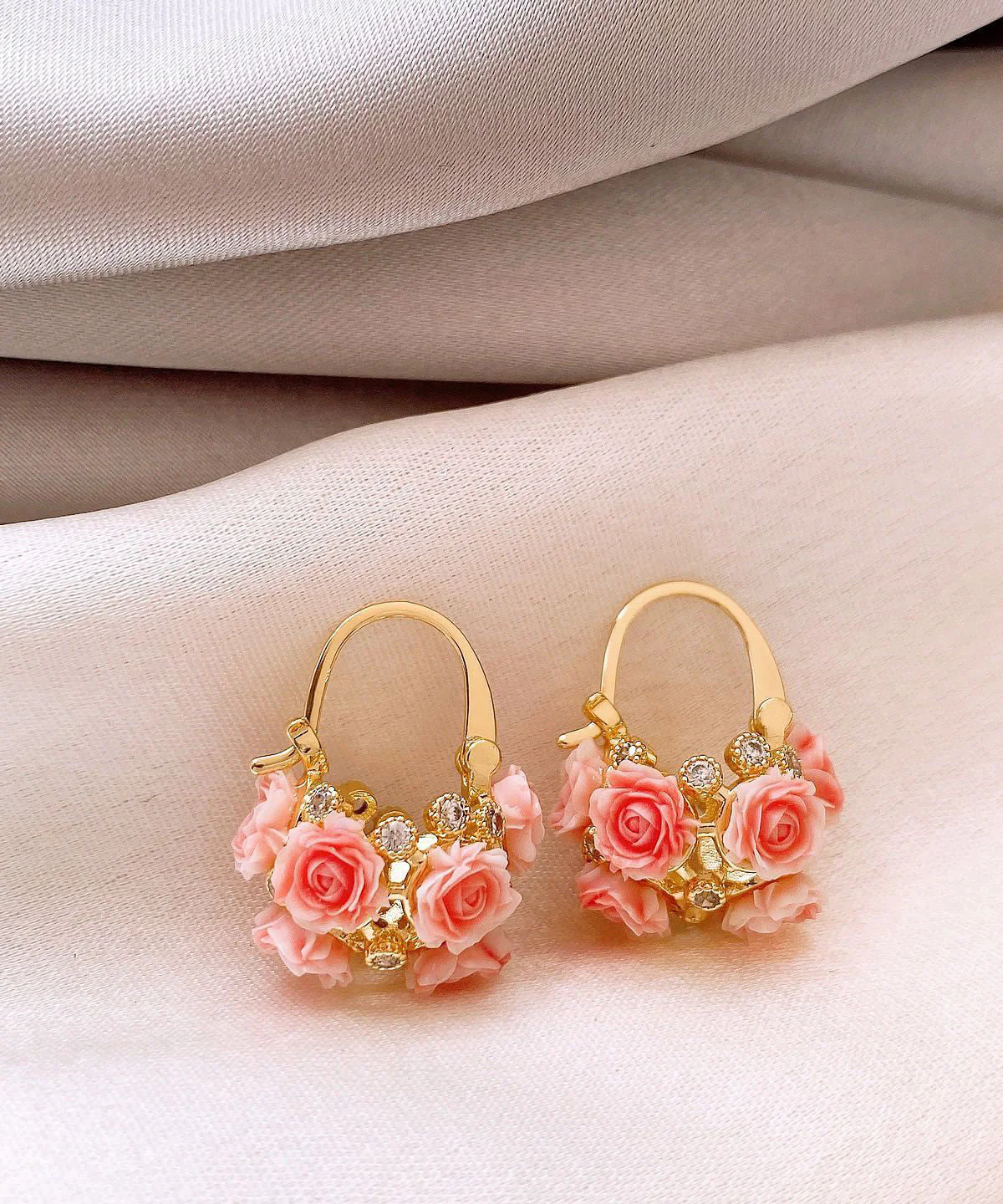 2026 New Pink Copper Overgild Zircon Floral Hoop Earrings - Image 5