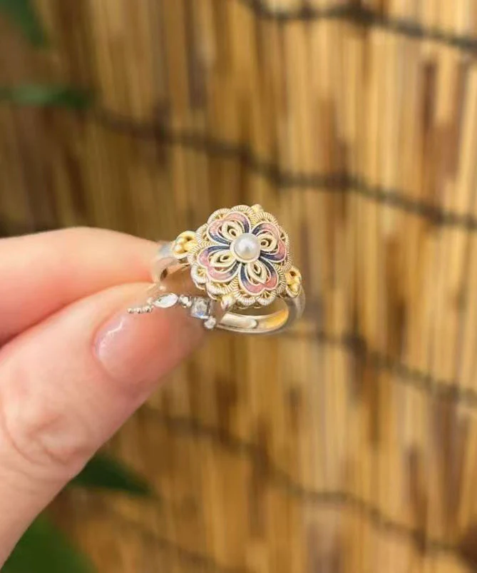 2026 New Rainbow Alloy Floral Enamel Pearl Rings - Image 3