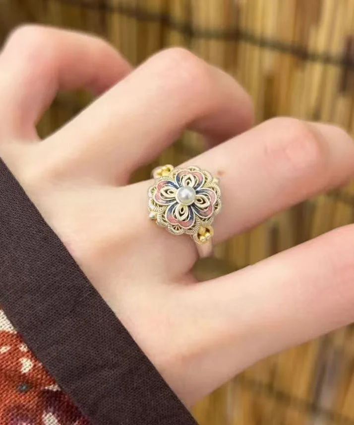 2026 New Rainbow Alloy Floral Enamel Pearl Rings - Image 4