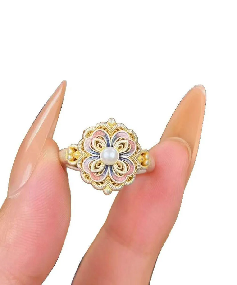 2026 New Rainbow Alloy Floral Enamel Pearl Rings - Image 5