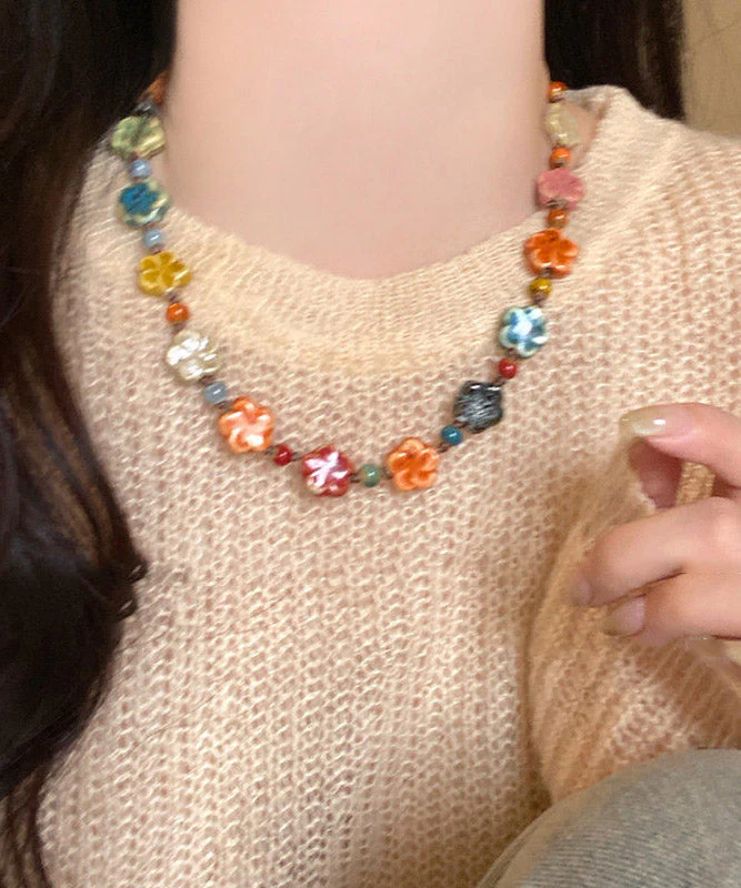 2026 New Rainbow Weave Ceramics Floral Gratuated Bead Necklace - Image 2