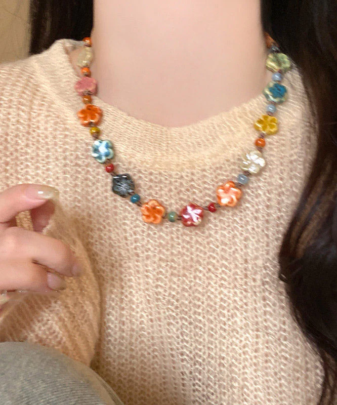 2026 New Rainbow Weave Ceramics Floral Gratuated Bead Necklace - Image 4