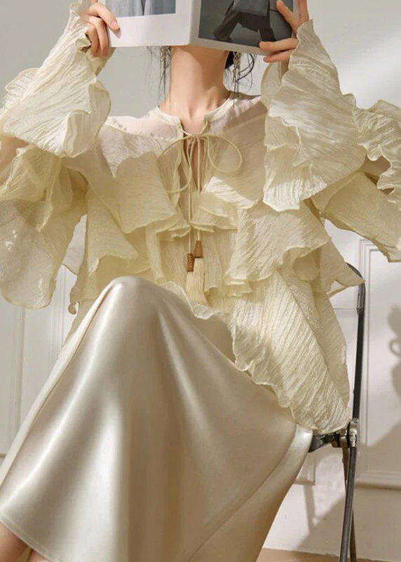 2026 New Yellow Ruffled Patchwork Tie Lace Shirt Spring - Image 3