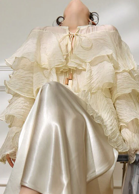 2026 New Yellow Ruffled Patchwork Tie Lace Shirt Spring - Image 4