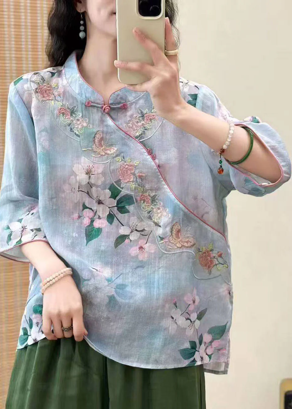2026 Yellow Stand Collar Patchwork Linen Top Three Quarter Sleeve - Image 3