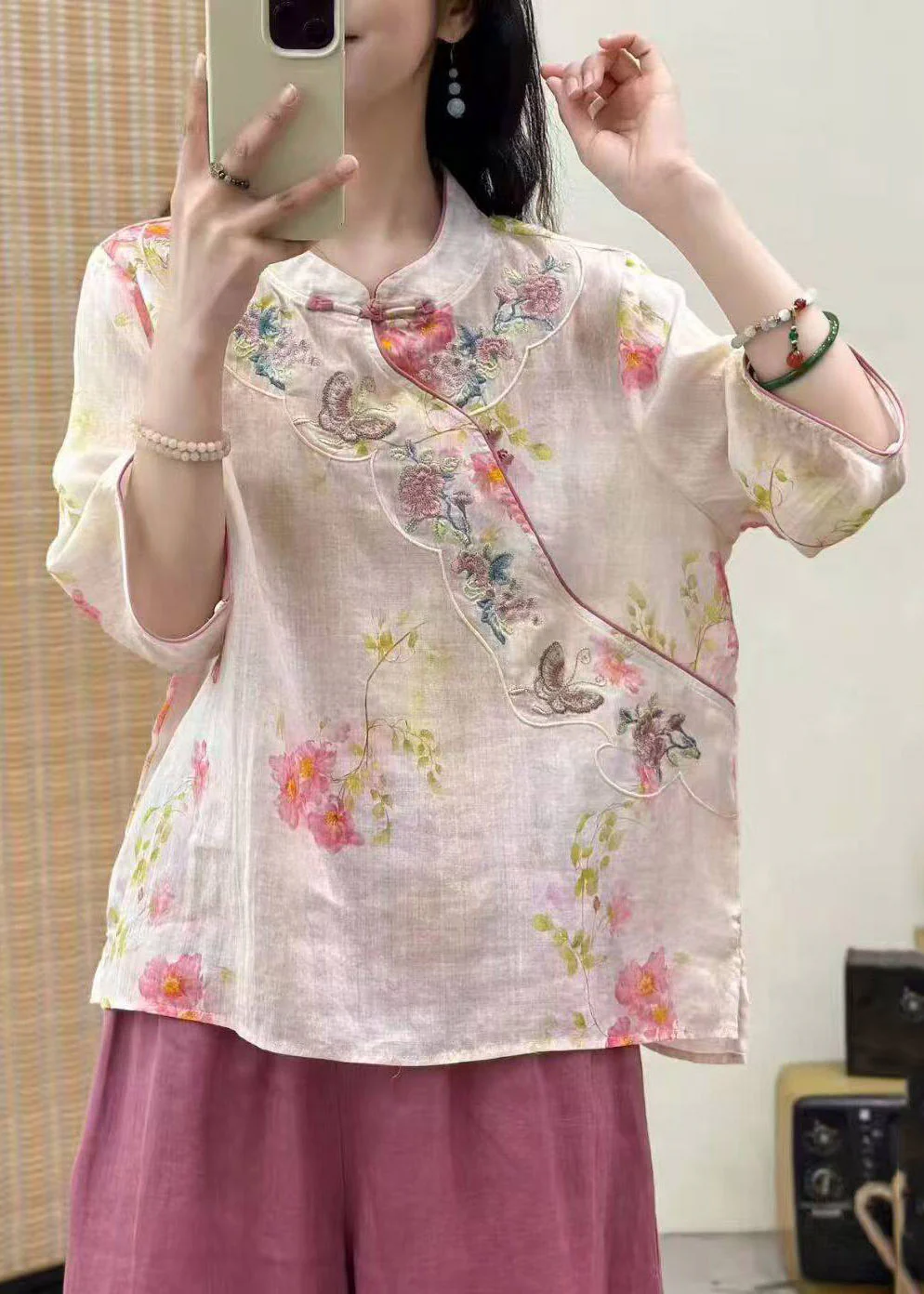 2026 Yellow Stand Collar Patchwork Linen Top Three Quarter Sleeve - Image 4