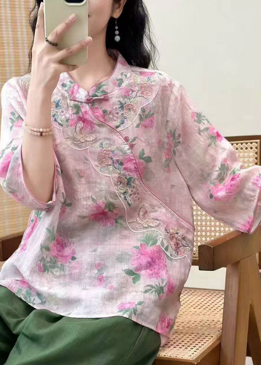 2026 Yellow Stand Collar Patchwork Linen Top Three Quarter Sleeve - Image 5