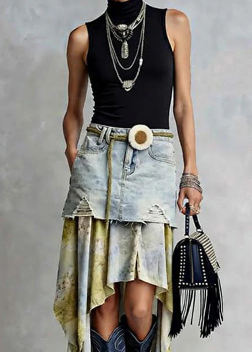 American Style Asymmetrical Tulle Patchwork Denim Skirts Spring - Image 2