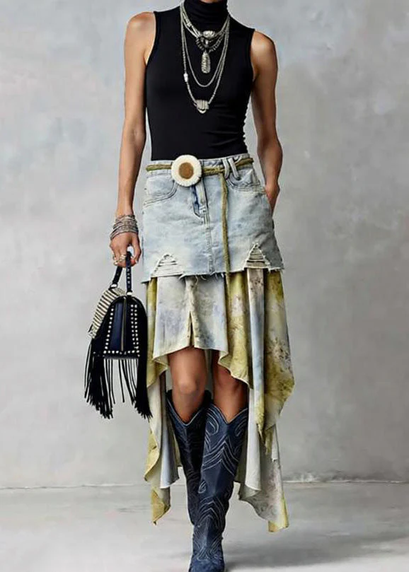 American Style Asymmetrical Tulle Patchwork Denim Skirts Spring - Image 3