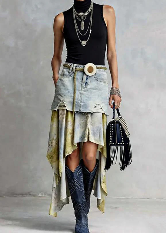 American Style Asymmetrical Tulle Patchwork Denim Skirts Spring - Image 5