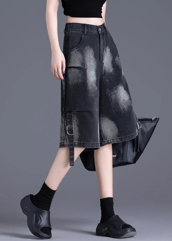 American Style Black Pockets Tie Dye Denim Shorts Summer