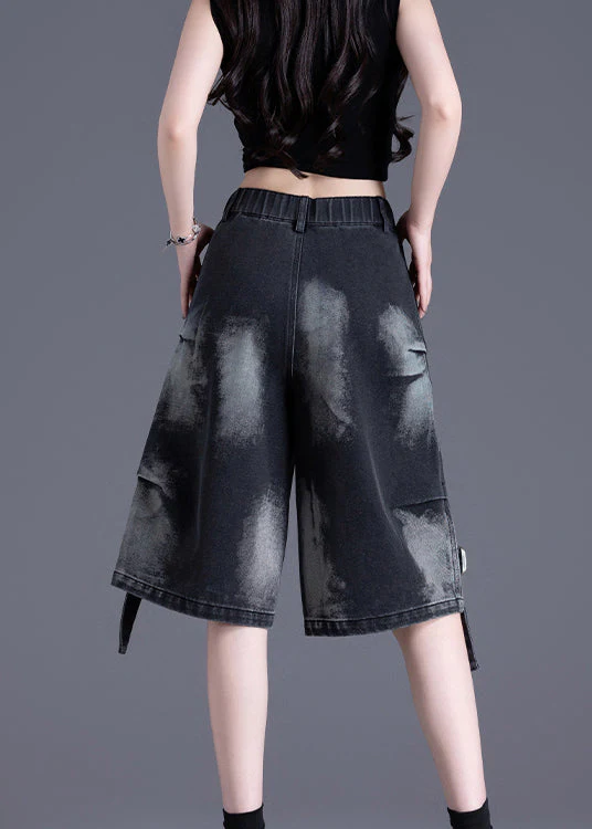 American Style Black Pockets Tie Dye Denim Shorts Summer - Image 5