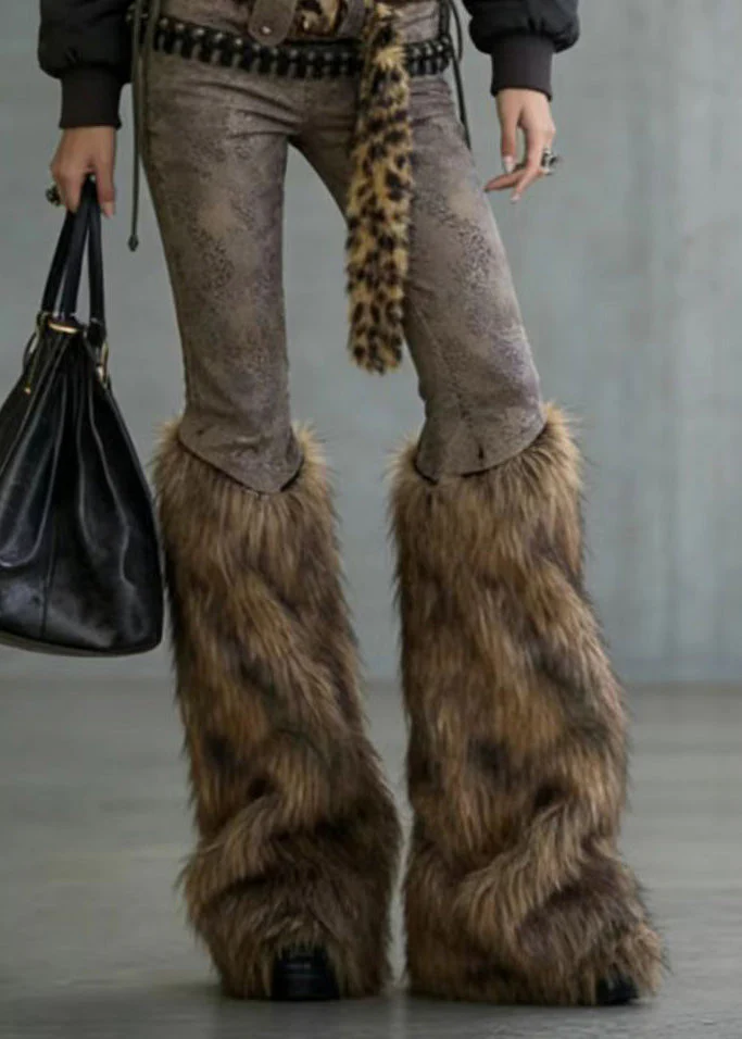 American Style Fuzzy Fur Patchwork Denim Flared Trousers Spring - Image 4