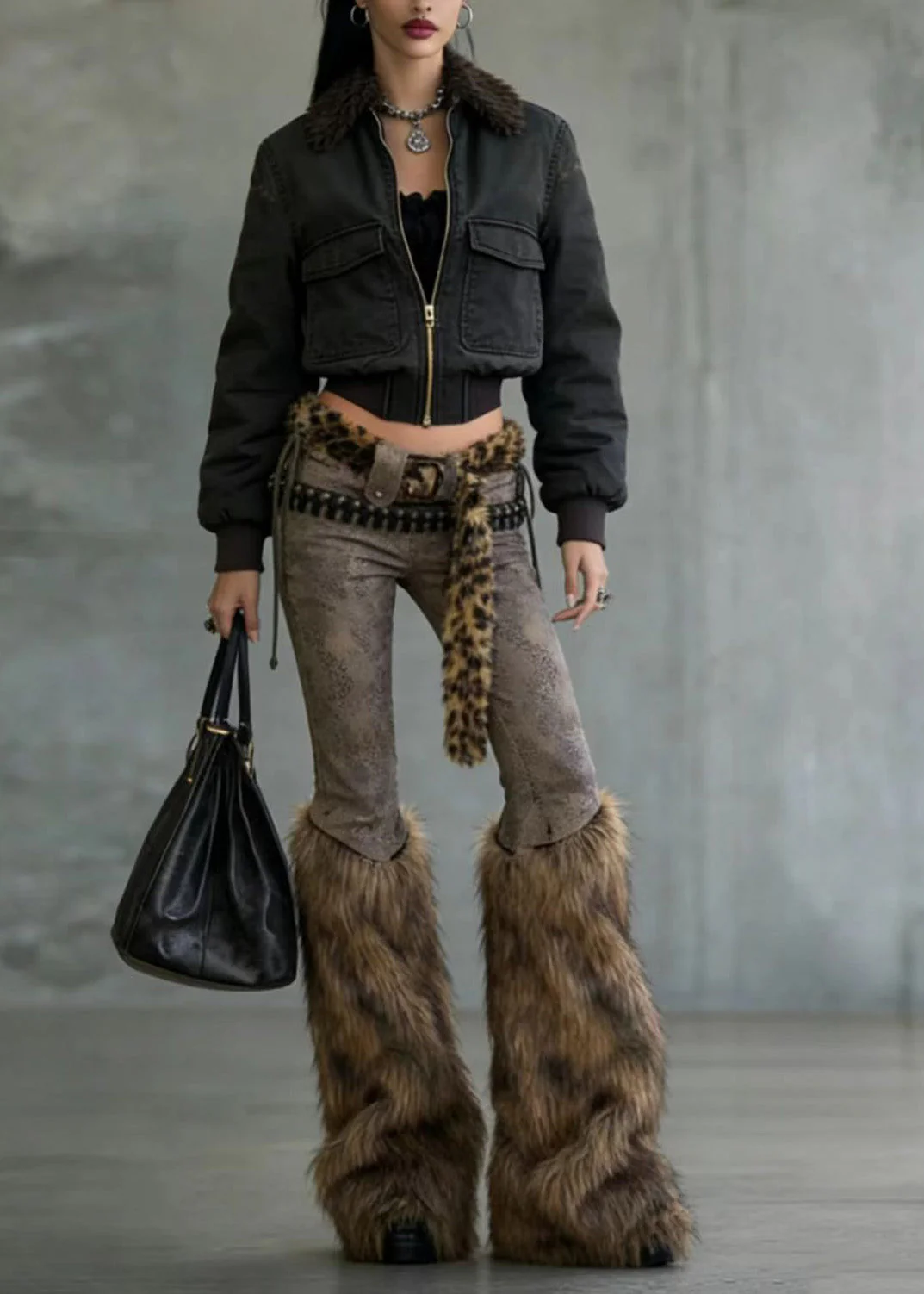 American Style Fuzzy Fur Patchwork Denim Flared Trousers Spring - Image 5