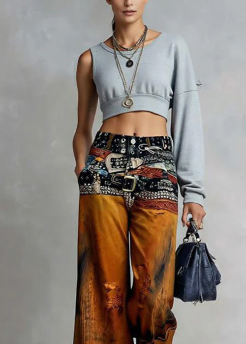 American Style Paintings Print Denim Wide Leg Pants Spring - Image 2