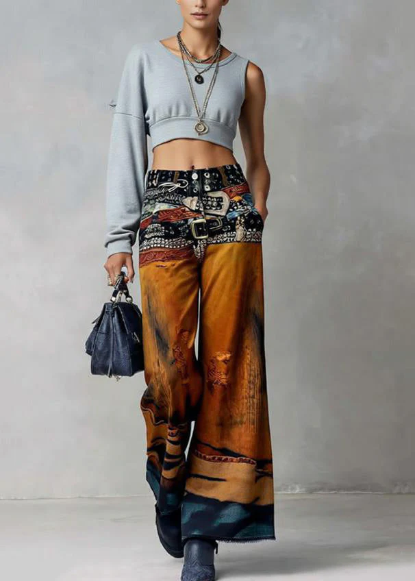 American Style Paintings Print Denim Wide Leg Pants Spring - Image 3