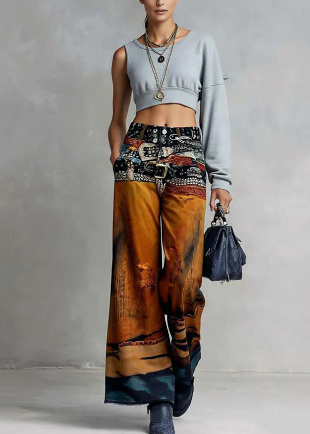 American Style Paintings Print Denim Wide Leg Pants Spring - Image 5