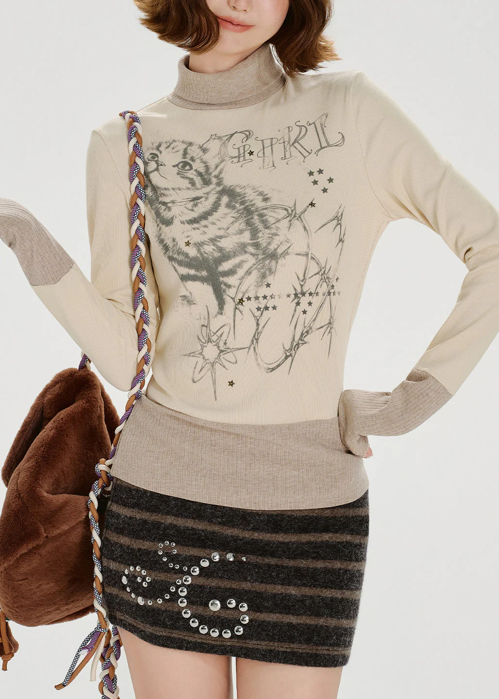American Style Print Zircon High Neck Long Sleeved T-Shirt - Image 2