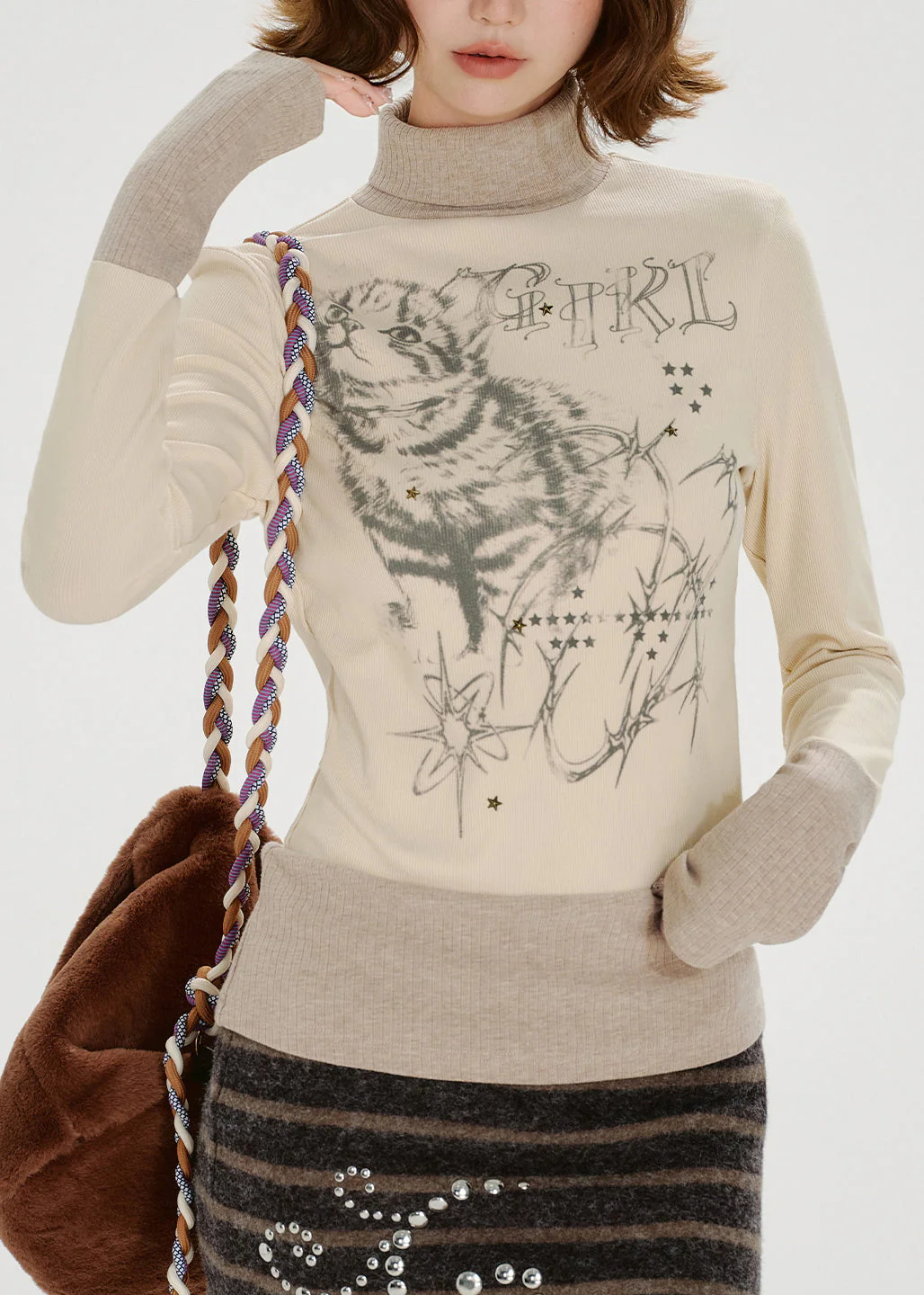 American Style Print Zircon High Neck Long Sleeved T-Shirt - Image 3