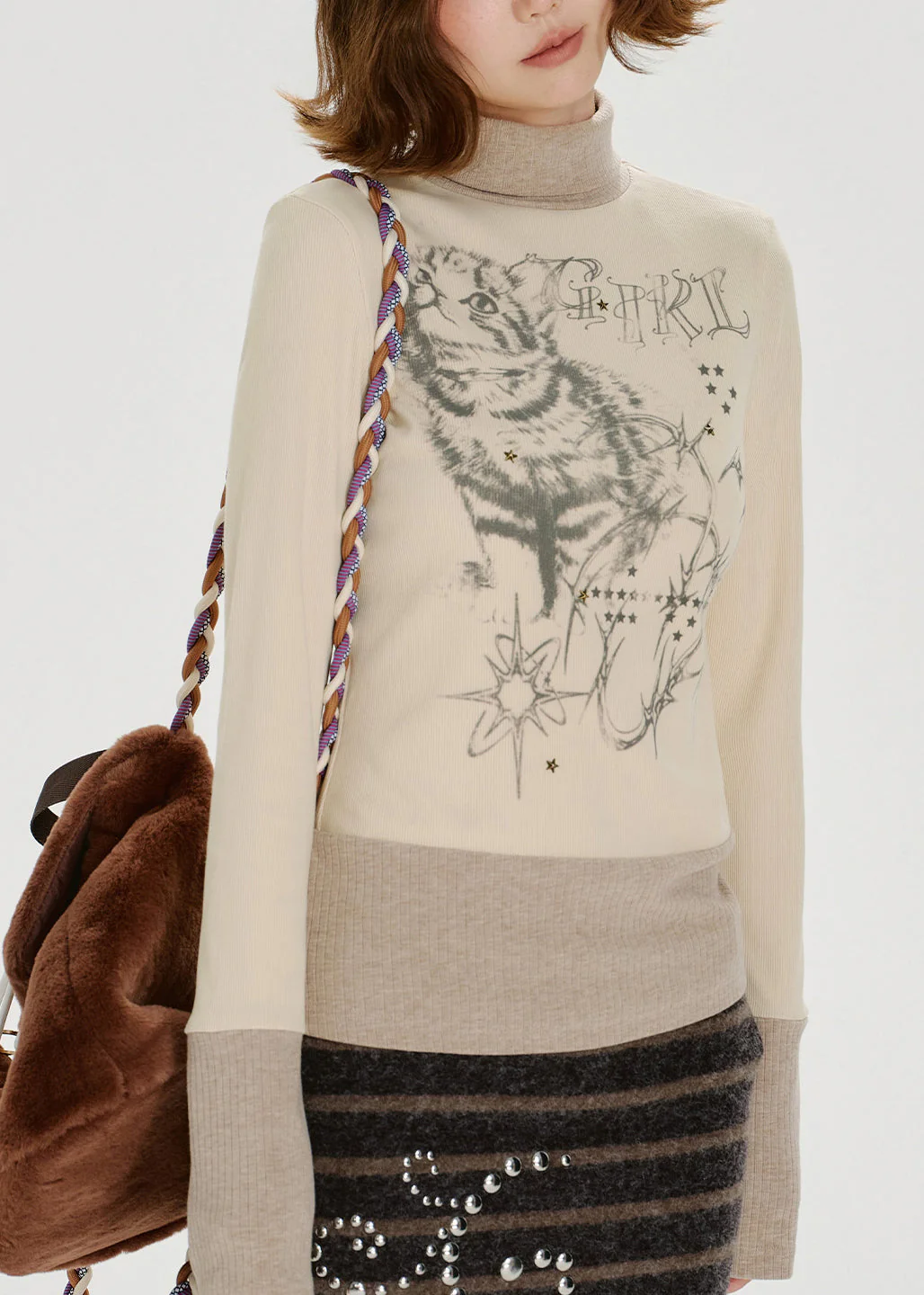 American Style Print Zircon High Neck Long Sleeved T-Shirt - Image 4