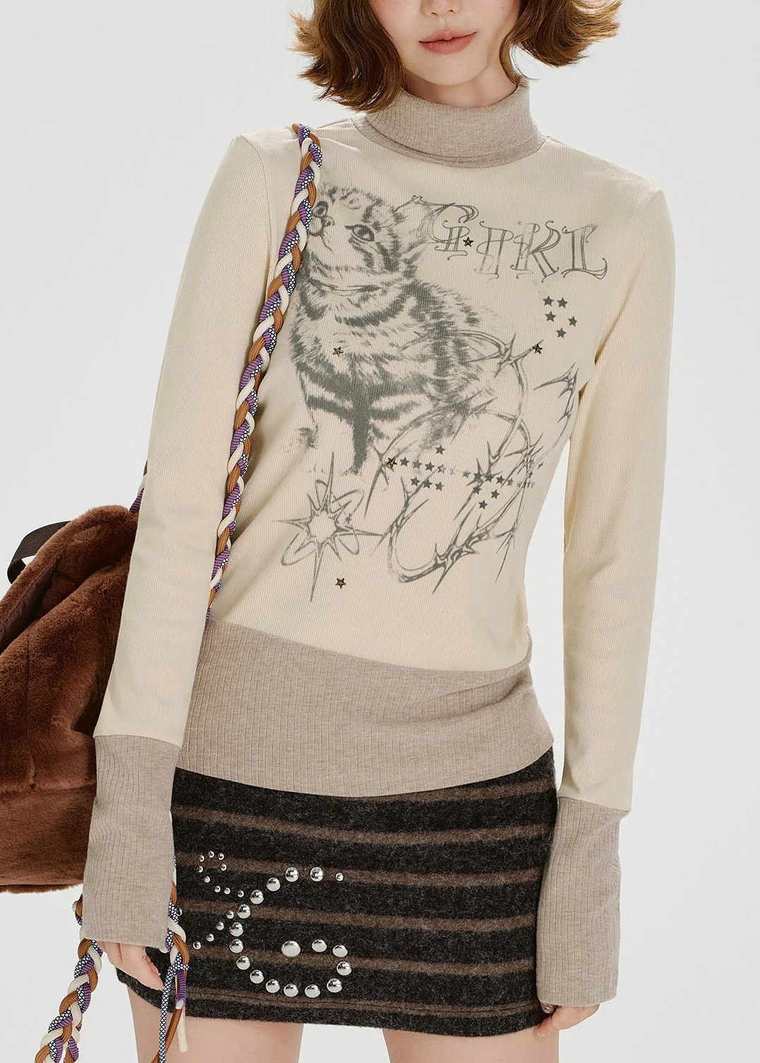 American Style Print Zircon High Neck Long Sleeved T-Shirt - Image 5