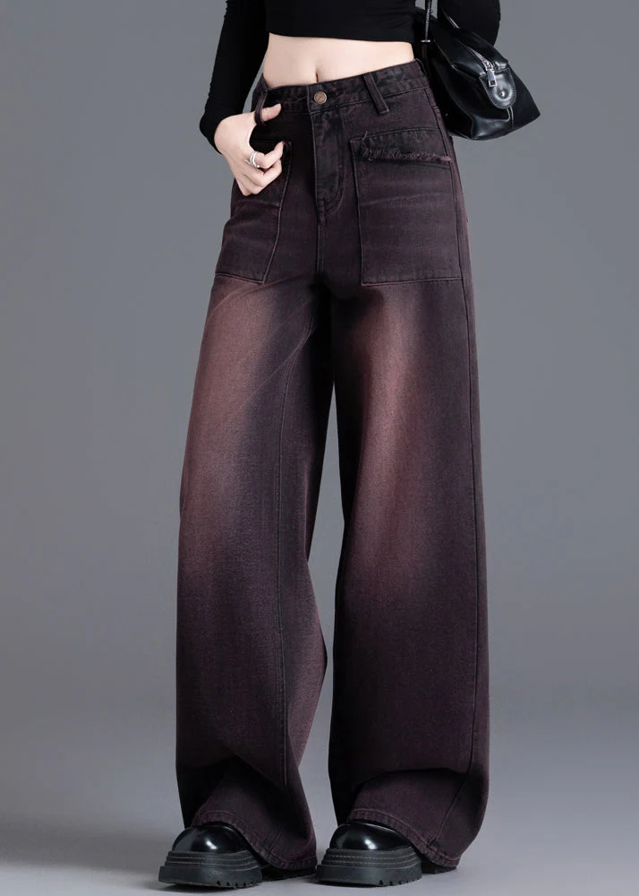 American Style Red Black High Waisted Warm Fleece Denim Wide Leg Pants Winter - Image 2