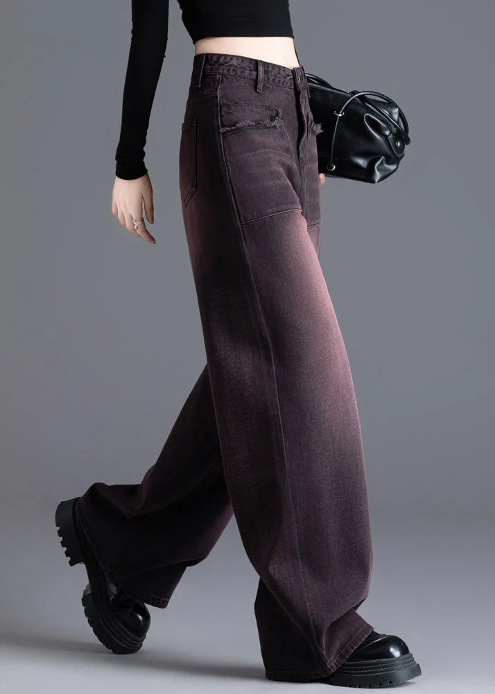 American Style Red Black High Waisted Warm Fleece Denim Wide Leg Pants Winter - Image 3
