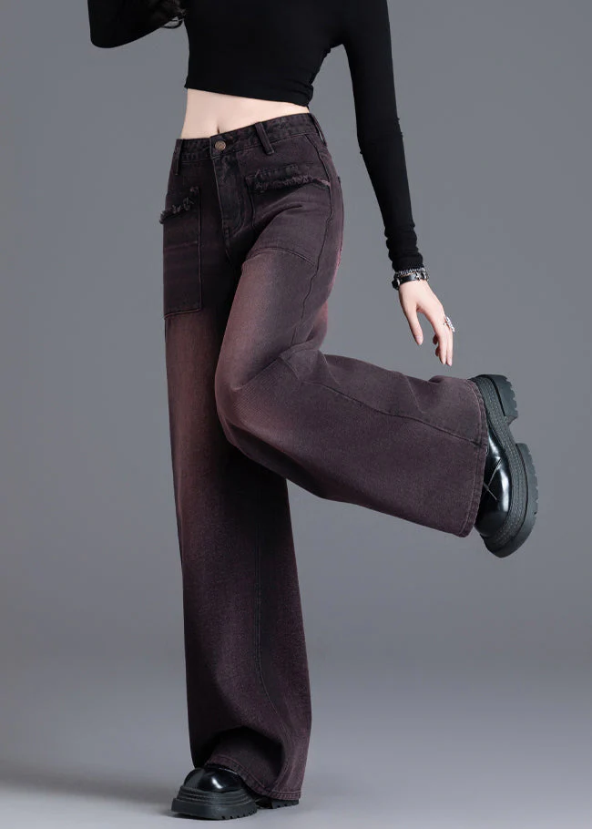 American Style Red Black High Waisted Warm Fleece Denim Wide Leg Pants Winter - Image 4