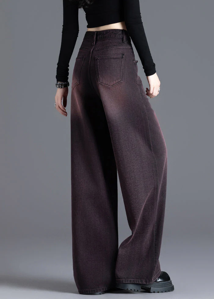 American Style Red Black High Waisted Warm Fleece Denim Wide Leg Pants Winter - Image 5