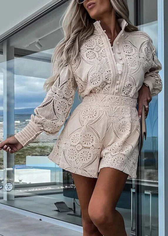 Apricot Button Lace Shirts And Shorts Two Piece Set Spring - Image 2