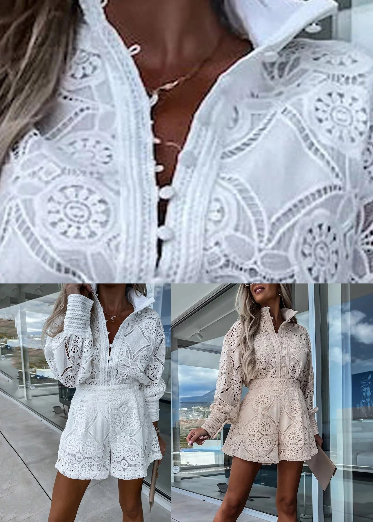 Apricot Button Lace Shirts And Shorts Two Piece Set Spring - Image 5
